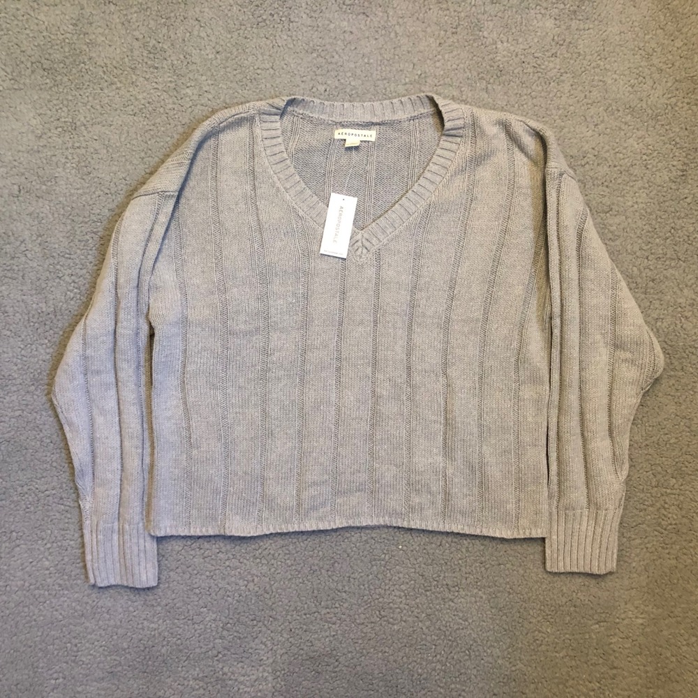 Aeropostale Womens V-Neck Ribbed Knit Sweater Light Blue Grey XL NWT 154295